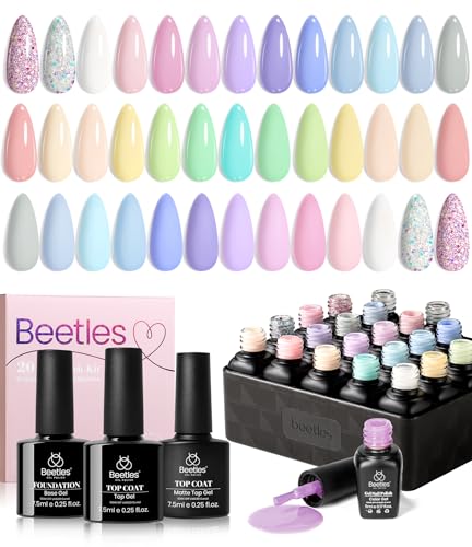 Beetles Gel Nail Polish Set with Base Glossy Matte Top Coat Macaron Gel | 20 Colors Pastel Pink Purple Blue Yellow Glitter Shades with Soak-Off UV LED Formula for DIY Nail Art - color: Pastel Paradise