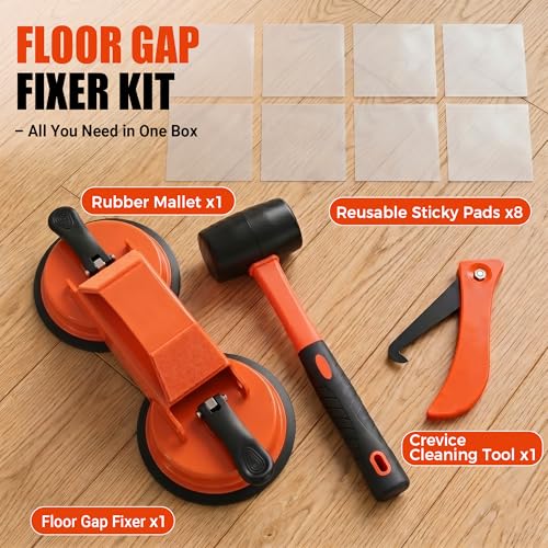 Floor Gap Fixer Tool: Flooring Repair Tool with 45° Striking Surface & Dual Suction Cups for Laminate & Vinyl Plank Floors Gap Puller Kit with Rubber Mallet, 8 Reusable Sticky Pads & Scraper