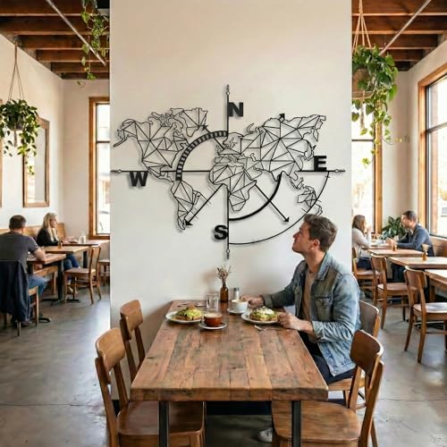 Metal World Map Compass Metal Wall Decoration Metallic Sign World Map Art Metal Wall Art Wall Decoration 46"W x 36"H / 117x91 cm - size: 46"L x 36"W