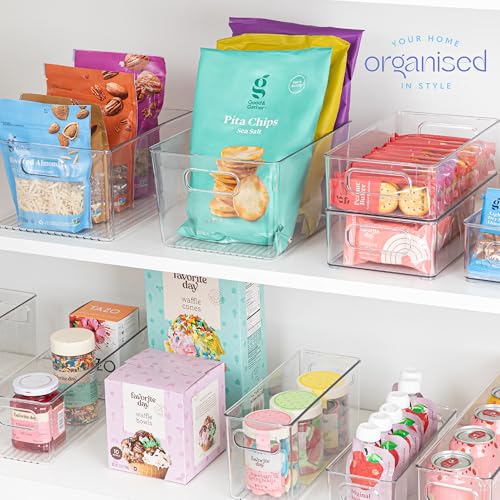 Plastic Food Storage 6 Pack Clear Container Bin with Handles for Organizing Kitchen, Pantry, Refrigerator, Freezer, Pantry, Cabinet, Closet, Bathroom. Stackable 10”x6”x3” - size: 10x6x3