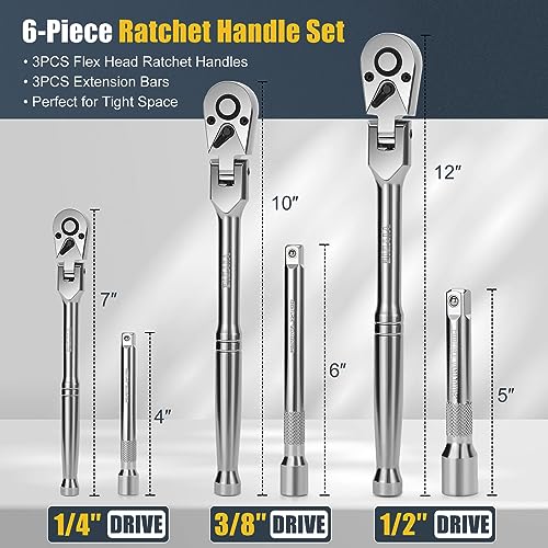 YIYEIE 6-Piece Flex Head Ratchet Set, 1/4", 3/8", 1/2" Drive, Swivel Head Ratchet Wrench with Extension Bar, 72 Tooth, 180° Adjustable, Quick-Release, Flexible Ratchet Handle with EVA Foam - size: 1/4", 3/8", 1/2" Drive, style: 6pcs Flex Head Ratchet Set