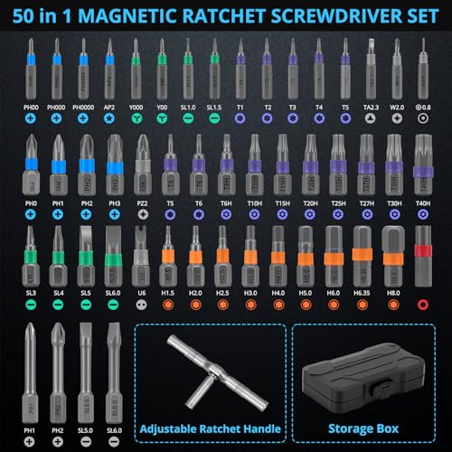 50 in 1 Magnetic Ratchet Screwdriver Set, Multi Bit Ratcheting Screwdriver Set Repair Kit with Detachable Ratchet Handle for Electronics Repair, Furniture Assembly & DIY