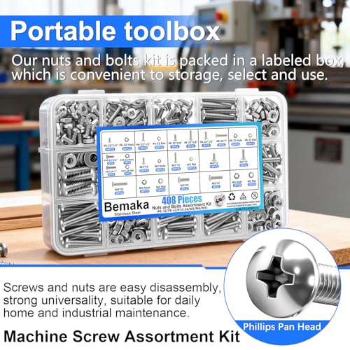 408PCS Machine Screws Nuts and Bolts Assortment Kit, 304 Stainless Steel Bolts #6-32#8-32#10-24 M3 M4 M5 Phillips Pan Head Hardware Screw Assortment Kit, Assorted Bolts, Nuts and Washers Kit - size: 408PCS