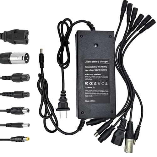 54.6V 3A Charger(7 Plugs) Universal for 13S 48V Li-ion Battery，Fast and Safe Battery Charger 3Prong GX16/DC 5.5x2.5mm/XLR/IEC/RCA Connector Power Supply Adapter