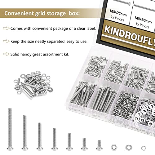 542 Pieces M3 x 6/8 /12/16 /20/25 /30mm Phillips Pan Head Machine Screws Nuts Washers Assortment Kit, 304 Stainless Steel, Fully Machine Thread - size: M3, style: Phillips Pan Head