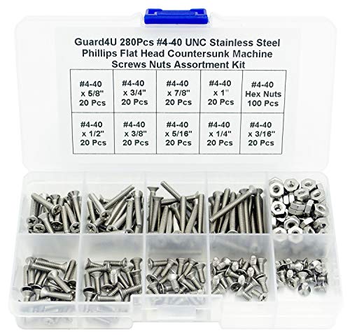 280Pcs #4-40 UNC Stainless Steel Phillips Flat Head Countersunk Machine Screws Nuts Assortment Kit- #4-40x 3/16" 1/4" 5/16" 3/8" 1/2" 5/8" 3/4" 7/8" 1" - size: #4-40