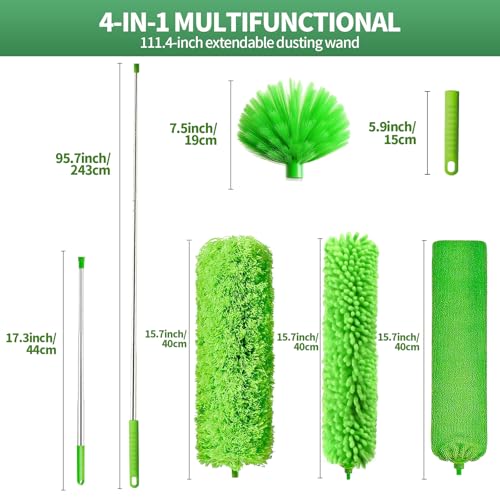 dusters for Cleaning extendable Long Handle，Webster Cobweb Duster with Extension Pole，Spider Web Remover Brush with Pole，Outdoor Web Cleaner Outside for use on Ceilings, cabinets, Walls, Light - color: Green