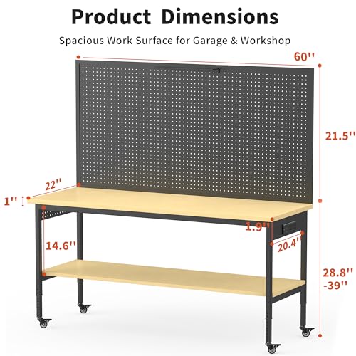 60" Adjustable Height Workbench,9-Level Heavy Duty Work Bench with Storage Shelf Pegboard LED Light & Built-in Power Strip, 2010 lbs Load Capacity Rolling Tool Bench for Garage Workshop