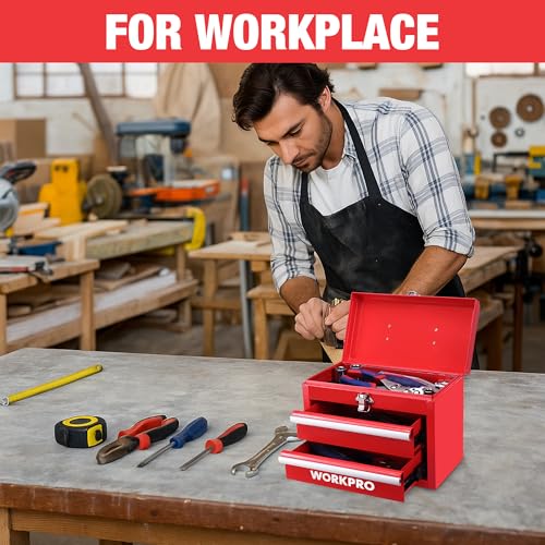 WORKPRO Portable Mini Metal Tool Box with 2 Drawers - color: Red