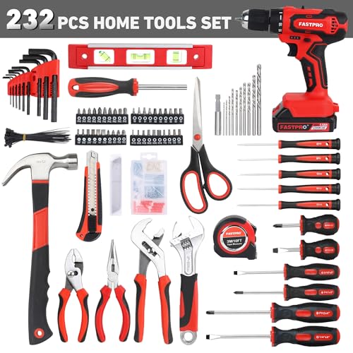 FASTPRO Home Tool Set with Drill, Household Repairing Tool Kit, Red - color: Red