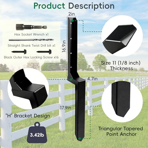 4 Pack Strong Fence Post Repair Kits with One-Piece Steel Anchor & Stakes - color: Black