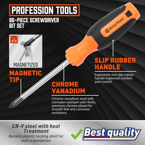 Amartisan 86-Piece Magnetic Screwdrivers Set with Case, Includs Slotted, Phillips, Hex, Pozidriv,Torx and Precision Screwdriver Set, Magnetizer Demagnetizer Tools, Tools for Men - style: 86-Piece Screwdrivers Set