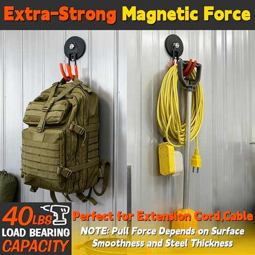ULIBERMAGNET New Upgraded Ultra-Strong Magnetic Hooks,2 Pack Heavy Duty Ultimate Magnetic Hooks with 40LB Hold for Extension Cord, Hose, Rope, D-Handle Tools, Garden Tools (Orange/3.46inch) - style: Upgraded Orange Large Gaint Strong Hooks