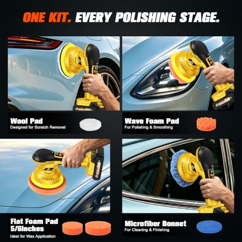 Cordless Dual Action Car Buffer Polisher, 8-Speed, 2*21V Batteries - color: Yellow
