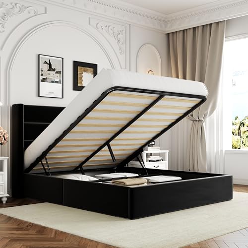 Allewie Full Size Lift Up Hydraulic Storage Bed Frame Black - color: Black, size: Full, style: Modern