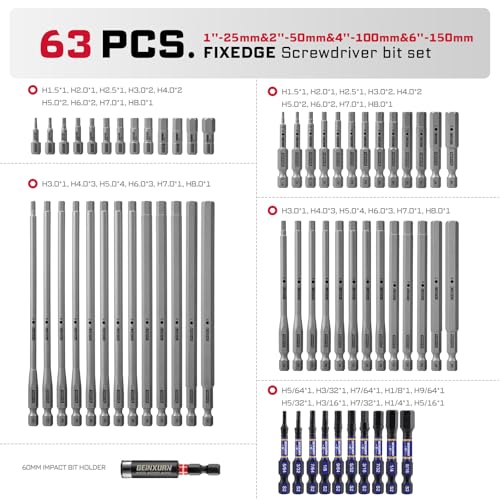 Geinxurn 63Pieces Fixedge Screwdriver Bit Set,1"/2"/4"/6" Mixed Hex Magnetic Alloy Steel Insert Power Bits Tips with Impact Bit Holder Stored in Storage Organizer for Home Repair - size: MIX-63