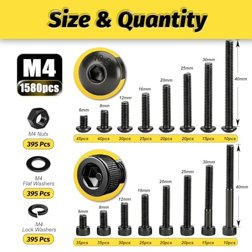 KADRICK 1580PCS M4 Screws Assortment,Hex Socket Button & Cap Head - size: M4 1580Pcs 6-40mm