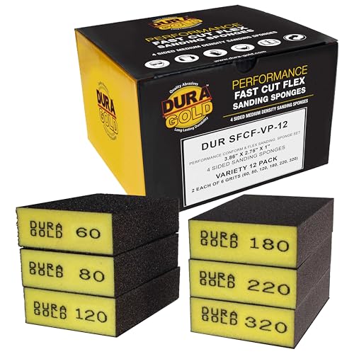 Dura-Gold 4-Sided Hand Sanding Block Sponge Variety Pack, Box of 12, Grits 60, 80, 120, 180, 220, 320-3.9" x 2.75" x 1" Wet or Dry Flexible Sandpaper Pads, Reusable - Sand Wood, Drywall, Metal Paint - style: 12 Variety Pack