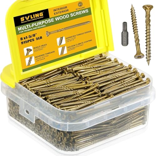 #8 x 1-5/8" Multi-Purpose Wood Deck Screw for Interior and Exterior,Bugle Head Golden Coated with T15 Bit Star Drive Torx Furniture Building/Fence/Decking(915Pcs,5LBS) - size: #8 x 1-5/8"
