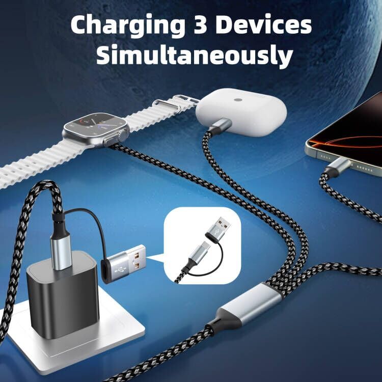 Travel Essentials 3 in 2 Multi Charging Cable for iWatch Charger/IP/USB-C - color: Greyiwatch, size: 1Pack 5FT