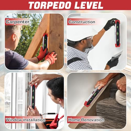 MELOTOUGH 9 Inch Torpedo Level Magnetic,Small Leveler Tool,Spirit Level with 45/90/180 Bubbles,V-Groove,Shock Resistant Leveler,Red - color: Red-1pcs
