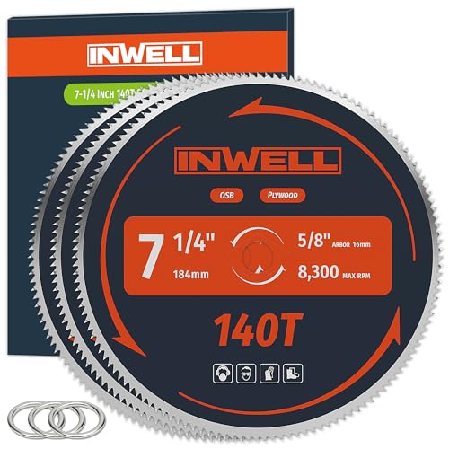 7-1/4-Inch 140 Tooth Plywood, Softwood, OSB Cutting Circular Saw Blade with 5/8"-1/2" Bushing - 3 Pack - size: 7-1/4" 140T