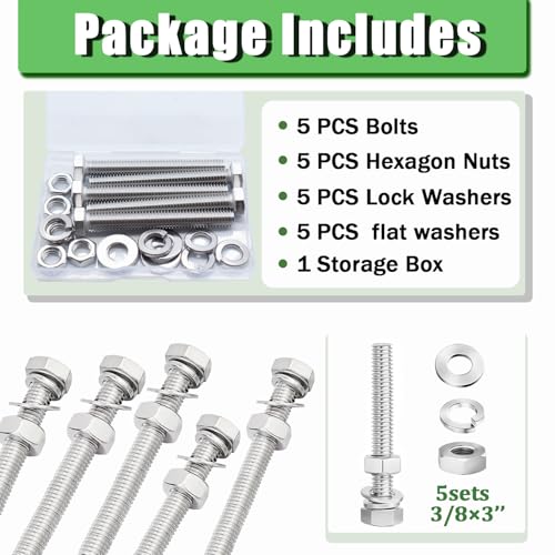 5 Sets 5/16-18 x 3" Stainless Steel Hex Head Screws Bolts, Nuts, Flat & Lock Washers,18-8(304) Full Thread - color: Silver, size: 3/8-16 × 3"（5 Sets）