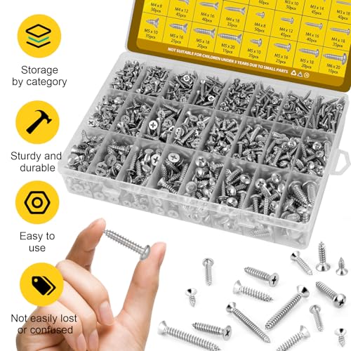 915pcs Self Tapping Screws Assortment Kit, M3/M4/M5/M6 Metric Flat Head & Pan Head Sheet Metal Screws Assorted Set, 304 Stainless Steel Wood Screw - size: 915pcs M3M4M5 Silver