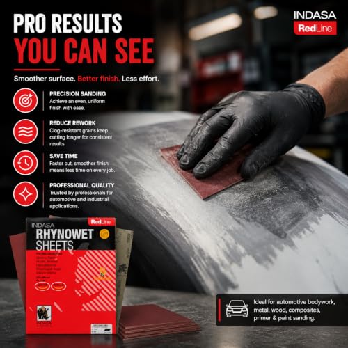 INDASA Rhynowet Red Line Wet Dry Sanding Sheets 9 x 11 Inch 800 Grit Waterproof Latex Backing Abrasive Paper for Wood Metal Automotive Surface Prep Pack of 50 - size: 800-Grit 9"x11"
