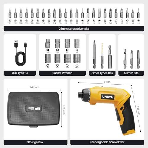 UNIWA Cordless Electric Screwdriver Rechargeable-650 RPM Power Drill-Yellow - color: Yellow