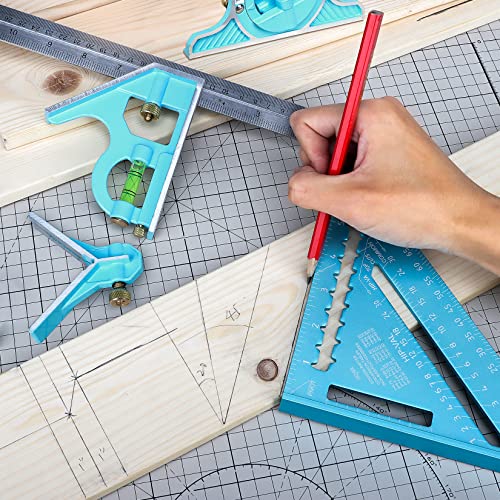 SHALL Rafter Square & Combination Square Tool Set, 7 Inch Aluminium-Alloy Carpenter Square & 16 Inch Zinc-Alloy Woodworking Framing Combo w/Stainless Steel Ruler, 2 Carpentry Pencils, Scriber