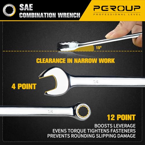 1/4" SAE Combination Wrench, CR-V Steel with Mirror Polish, 12-Point Design, 15-Degree Offset, Perfect for Auto Repair, Household, Car & Truck Emergency - size: 1/4"