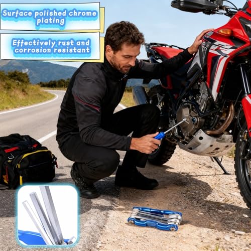 Professional 8-in-1 Folding Hex Key Set, CR-V Steel Metric Allen Wrench Multi-Tool, Blue, 1.5-6mm, Compact Design with Carabiner for Bike, Auto, Furniture Repair
