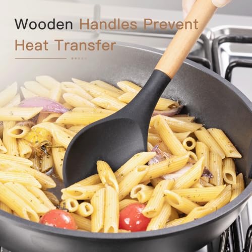 Astercook 39 PCS Kitchen Utensils Set, Silicone Cooking Utensil Sets with Wooden Handle, 446°F Heat Resistant Food Grade Spatula Set, BPA Free Kitchen Gadgets Tools Set & Spoons for Nonstick Cookware - color: Black