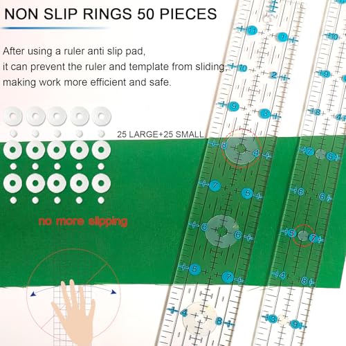 Quilting Ruler, Sewing Ruler, 8 Pack, Acrylic Quilting Templates(6"x17", 3"x17", 2"x16", 1.5"x12", 1"x12", 1"x6", 8"x3"), Non Slip Rings 25 Pieces, Sewing and Quilting Supplies - Clear/Blue - color: blue