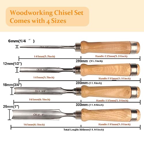 ATOPLEE Wood Chisel Set for Woodworking, 4 pcs Professional Wood Carving Chisel Tool Carpenter Gouge CR-V Steel Semi-Circular Edge Sharp Blade 6mm(1/4")/12mm(1/2")/18mm(3/4")/25mm(1") - size: Semi-Circular-4 Piece Set (6mm/12mm/18mm/25mm)