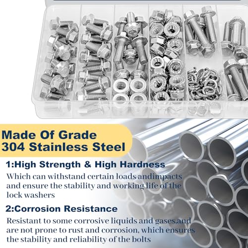 M8-1.25 Flange Bolt & Nut (16/20/25/30/35mm) Kit Stainless 192Pcs - size: SS Metric M8