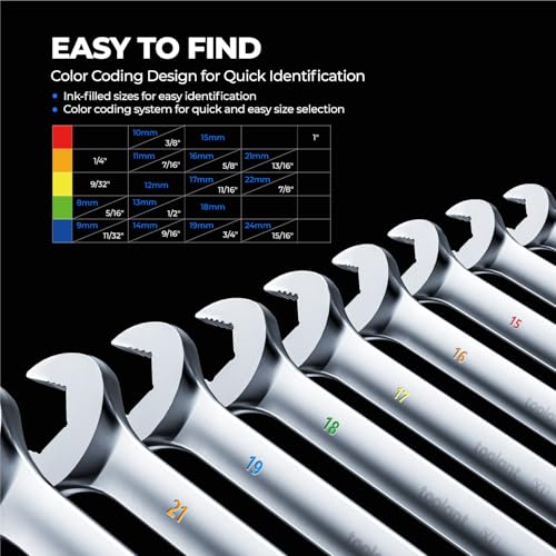 toolant Max Grip 15pcs Professional Metric Combination Wrench Set with Long Pattern Offset Heads Anti-Slip Teeth & Color-Coded Markings for Machinist, Auto, maintenance, DIYer - size: Metric(8-24mm)