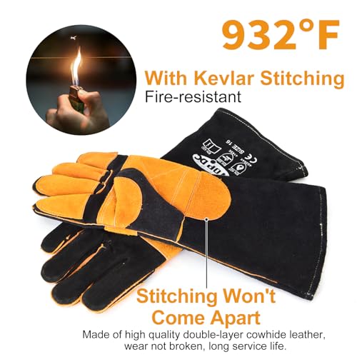TOPDC Welding Gloves 16-Inch 932°F Heat Resistant Leather for MIG, Stick - color: 16 Inch Black-yellow