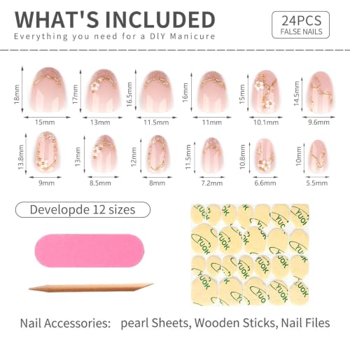 Mivota New Chinese Style 3D White Floral Press On Nails — Soft Nude Translucent Almond Nails with Gold Metal Lines, Pearls & Silver Glitter Accents, Elegant Handmade Bling Nail Set for Women - color: 82-Oval gold thread pearl flower