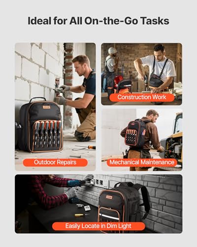 VEVOR Tool Backpack, 49 Pockets, Heavy-duty Tools Storage Organizer Work Bags Backpack with Laptop Compartment & Reinforced Fabric Base, Electrician Jobsite Backpack for Electrician, Repairman - size: 49 Pockets + Non-Rolling