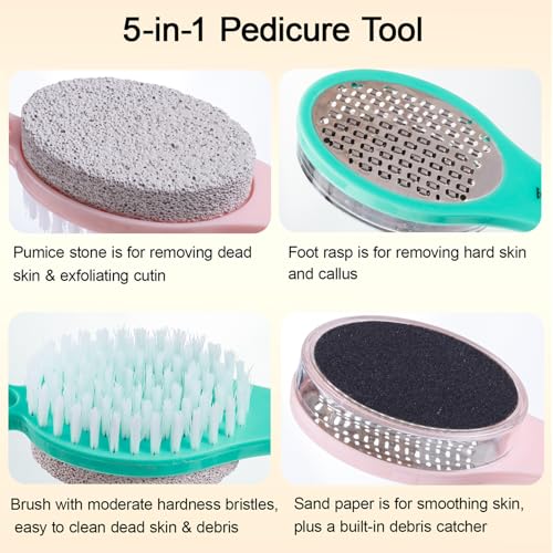 Foot File Callus Remover 5-in-1, 2 Pcs Feet Scraper Pedicure Tools with Pumice Stone, Scrubber Brush, Stainless Steel Foot Rasp and Sand Paper Debris Catcher, Multi Purpose, Pink Cyan - color: Pink and Cyan