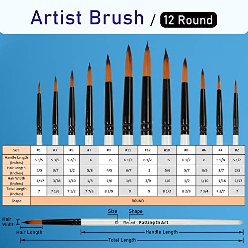 Falling in Art 12 PCS Professional Round Paint Brushes Set - size: 12 Pcs Round Nylon
