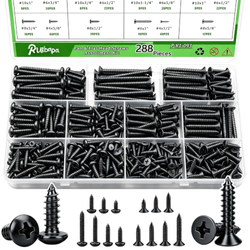 288PCS Black Screws Assortment Kit,Self Tapping Wood Screws #4/#6/#8/#10 Screw Assortment Kit,Round Head Screws Length 3/8" to 2",Sheet Metal Screws Assorted - size: 288PCS-BK