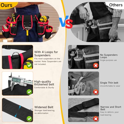 Tool Belt with 4 D-Rings,27-Pockets Tool Belts for Men,Construction - color: Red & Black, size: 27 Pockets with Magnet Pouch