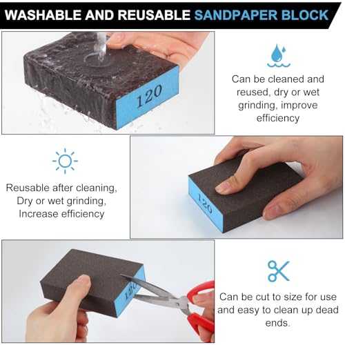 Romeda 8-Pack Sandpaper Block, 120 Grits Washable and Reusable Handmade Sanding Sponge, Drywall Sandpaper Blocks for Wooden Drywall Sheetrock and Metal Glazing - color: 120 Grits, size: 8-Pack