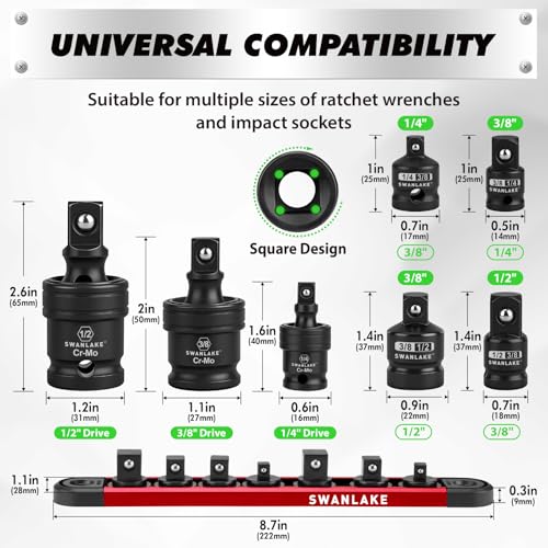 7-Piece Impact Swivel Socket Adapter Set, 1/4" 3/8" 1/2" Drive Universal Joint Socket Set CR-MO Steel, Wobble Joint Sockets Reducer with Magnetic Aluminum Sockets Rail - style: 7-Piece Socket Adapter