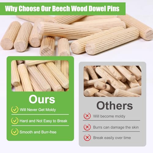 1/4" x 1-1/2" Wooden Dowel Pins, FoDau770 Fluted Wood Dowel Rods, Natural Beech Wood Dowel Pegs for Crafts, Woodworking, DIY Furniture - 200 Pieces - size: 1/4" x 1-1/2"