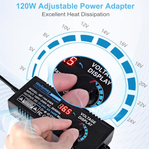 Universal Power Supply 3V~24V 6A 144W Adjustable Variable 3V 5V 9V 12V 18V 20V 24V AC/DC Adapter Charger, 100V-240V AC to DC Converter with 14 Tips, Polarity Converter and 4-Way Power Splitter Cable - style: 3~24V6A 144W