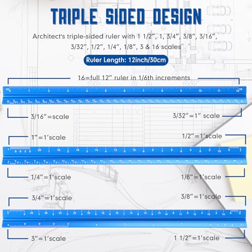 Macarrie 10 Pcs Architectural Scale Ruler 12" Engineers Scale Set, Blue - color: Blue